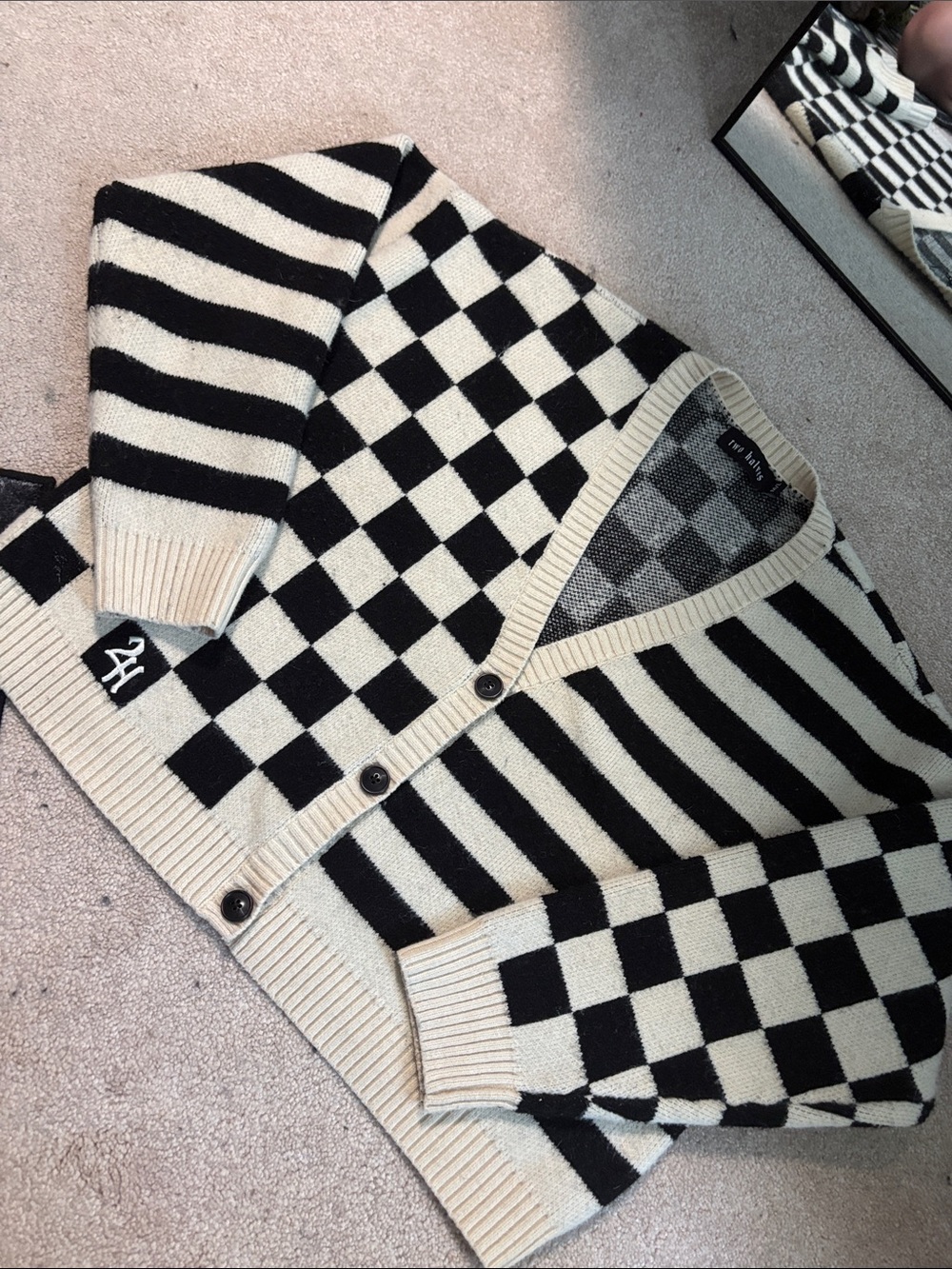 Two Halves Black and Cream Checkerboard Stripe Button Oversized Cropped Cardigan
